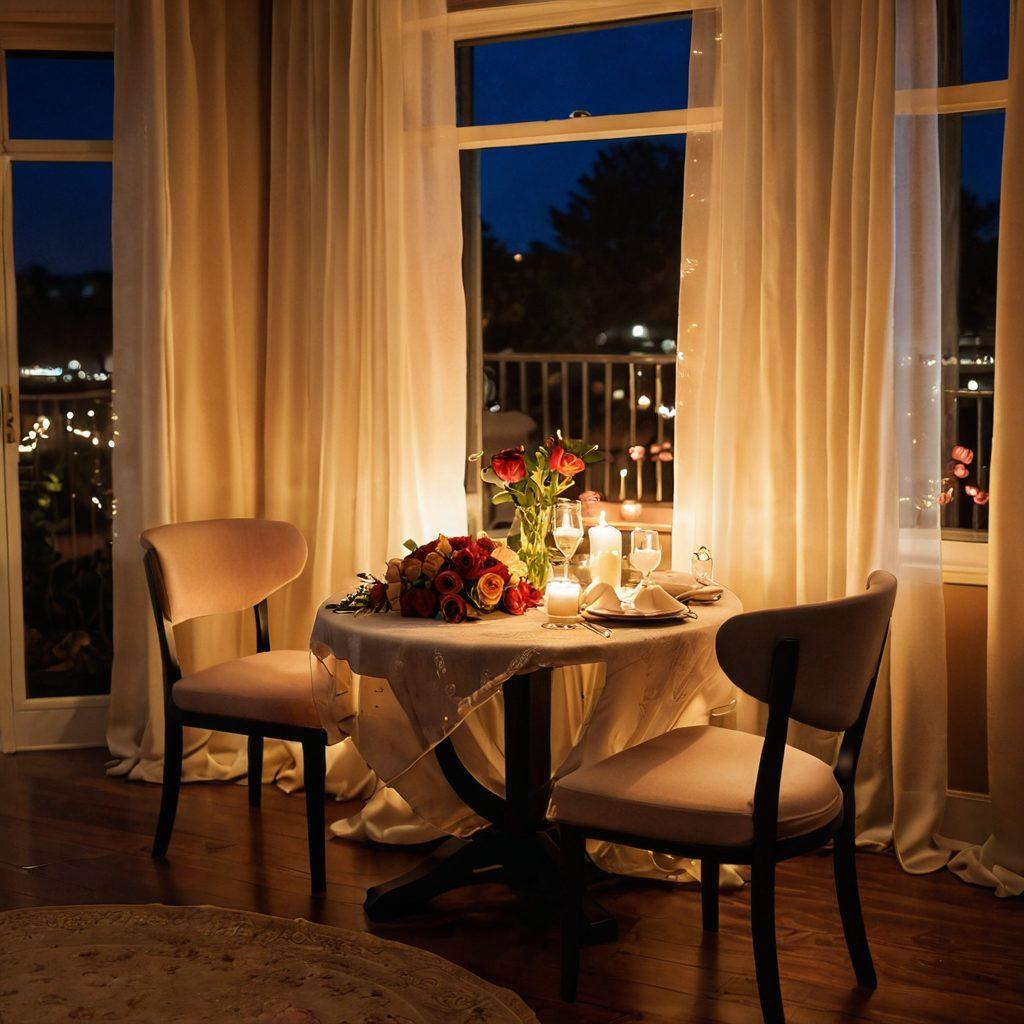 A romantic setting with a softly lit room featuring a couple sharing intimate moments, surrounded by warm colors and cozy textures. A gentle breeze moves sheer curtains, and a candle flickers on a table, symbolizing connection and passion. Include elements like a glass of wine and a bouquet of roses, evoking intimacy and tenderness. Suggest subtle vibrations of energy between them, capturing a deep emotional bond. serene and intimate. soft focus. warm tones.