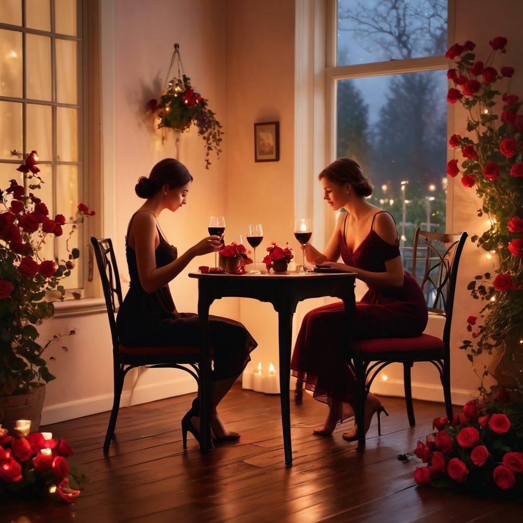 A romantic setting featuring a dimly lit candlelit table for two with glasses of red wine. Include soft, intimate silhouettes of a couple leaning in close, sharing secrets, surrounded by blooming roses and twinkling fairy lights. The atmosphere should evoke passion and warmth, with a hint of mystery. super-realistic. warm colors. soft focus.