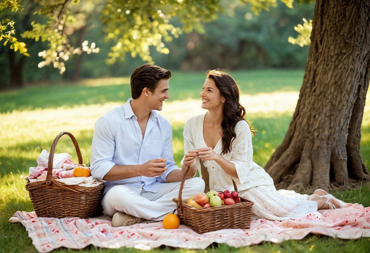 A warm and inviting scene depicting a couple on a serene picnic, surrounded by nature, portraying affection and allure. Soft sunlight filters through trees, illuminating their joyful expressions while they share a moment of laughter and connection. Include elements like a vintage blanket, picnic basket, and delicate flowers around them to enhance the romantic atmosphere. dreamy, soft-focus, vibrant colors. natural setting.